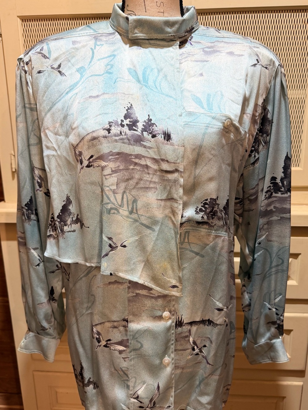 Vintage Escada by Margaretha Ley Silk Scenic Landscape Bird Asymmetric 80s